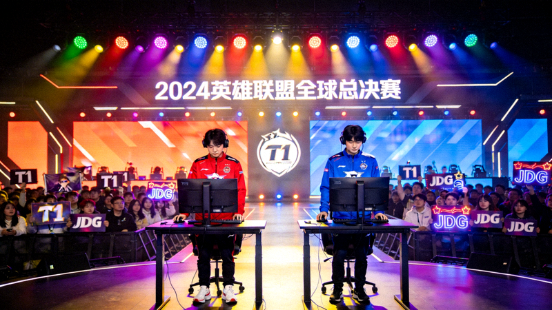 英雄联盟全球总决赛比赛现场，两支战队在舞台上对决